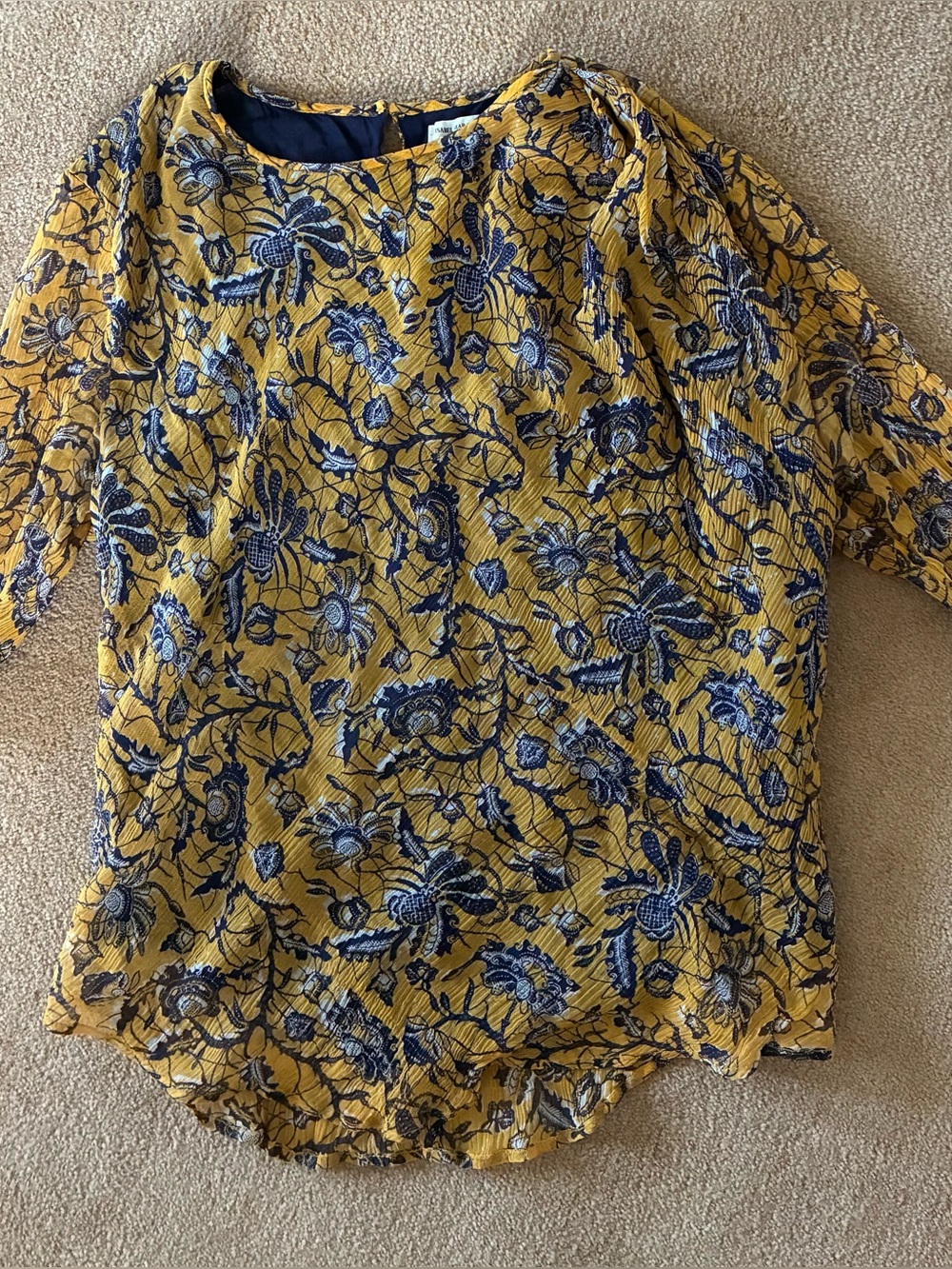 Isabel Marant Yellow Floral Short-Sleeve Blouse with Navy Print